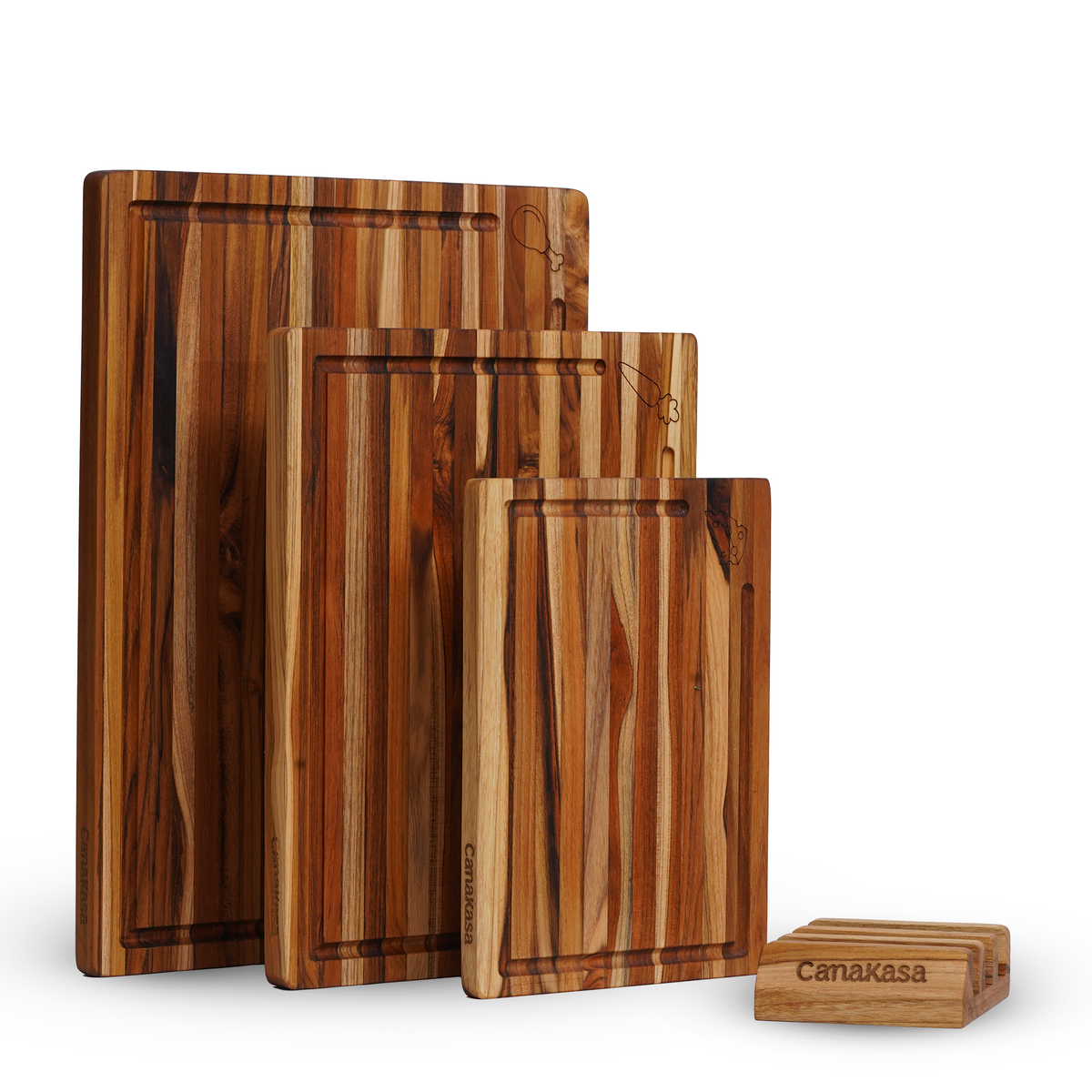 3-Piece Edge Grain Teak Wood Cutting Board Set - 3 Sizes (16 x 12, 13 x 10, 10 x 7 in)