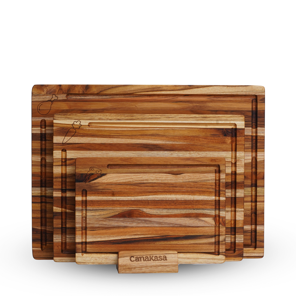 3-Piece Edge Grain Teak Wood Cutting Board Set - 3 Sizes (16 x 12, 13 x 10, 10 x 7 in)