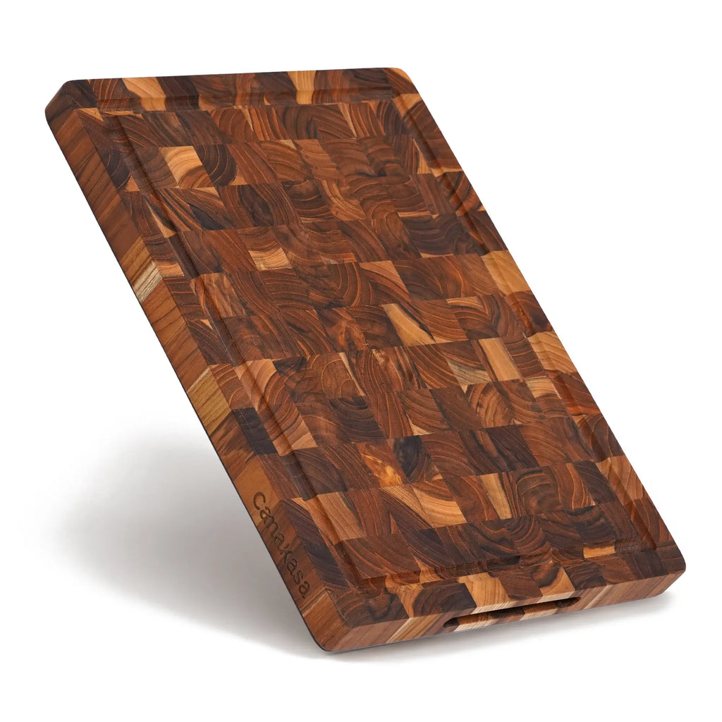 Small end grain teak cutting board with juice groove