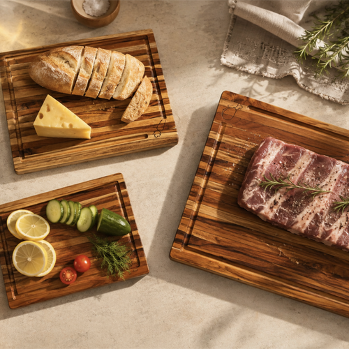 3-Piece Edge Grain Teak Wood Cutting Board Set - 3 Sizes (16 x 12, 13 x 10, 10 x 7 in)
