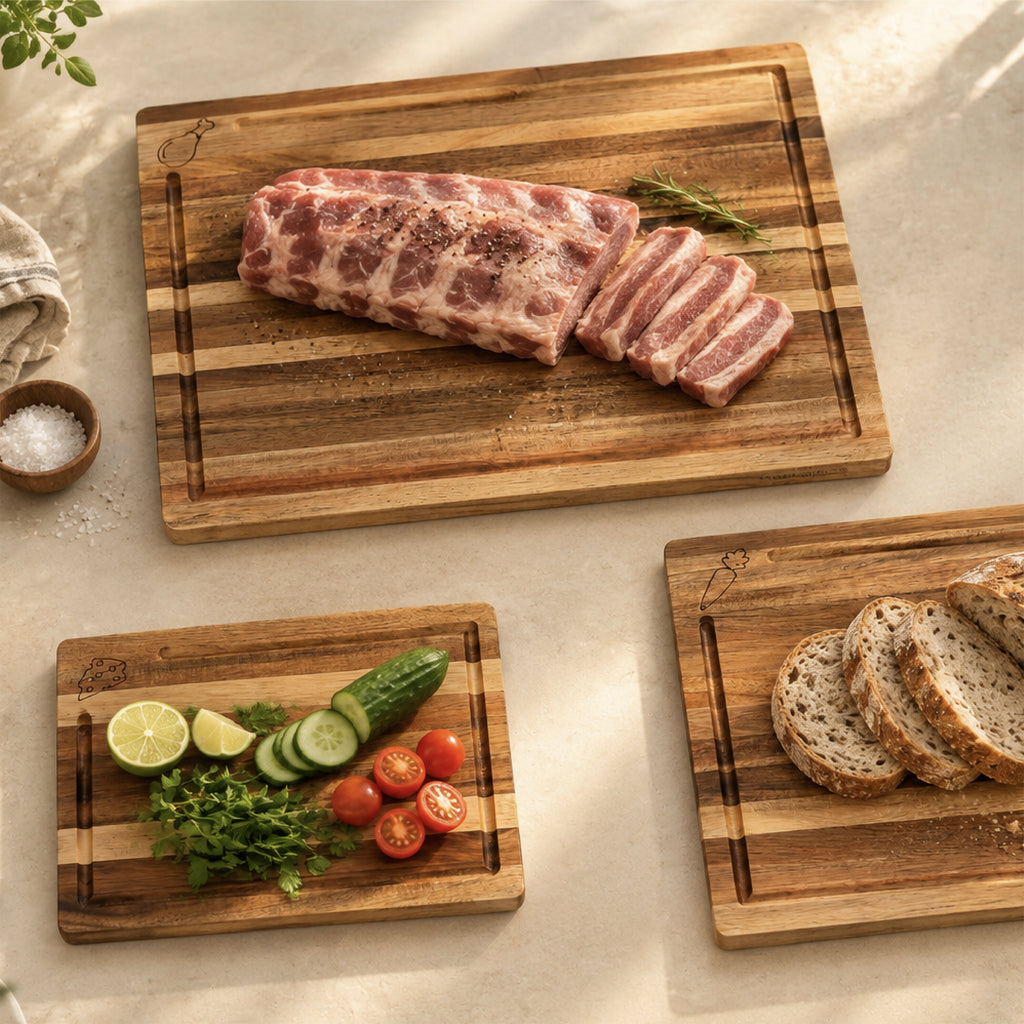 3-Piece Edge Grain Acacia Wood Cutting Board Set – 3 Sizes (16 x 12, 13 x 10, 10 x 7 in)