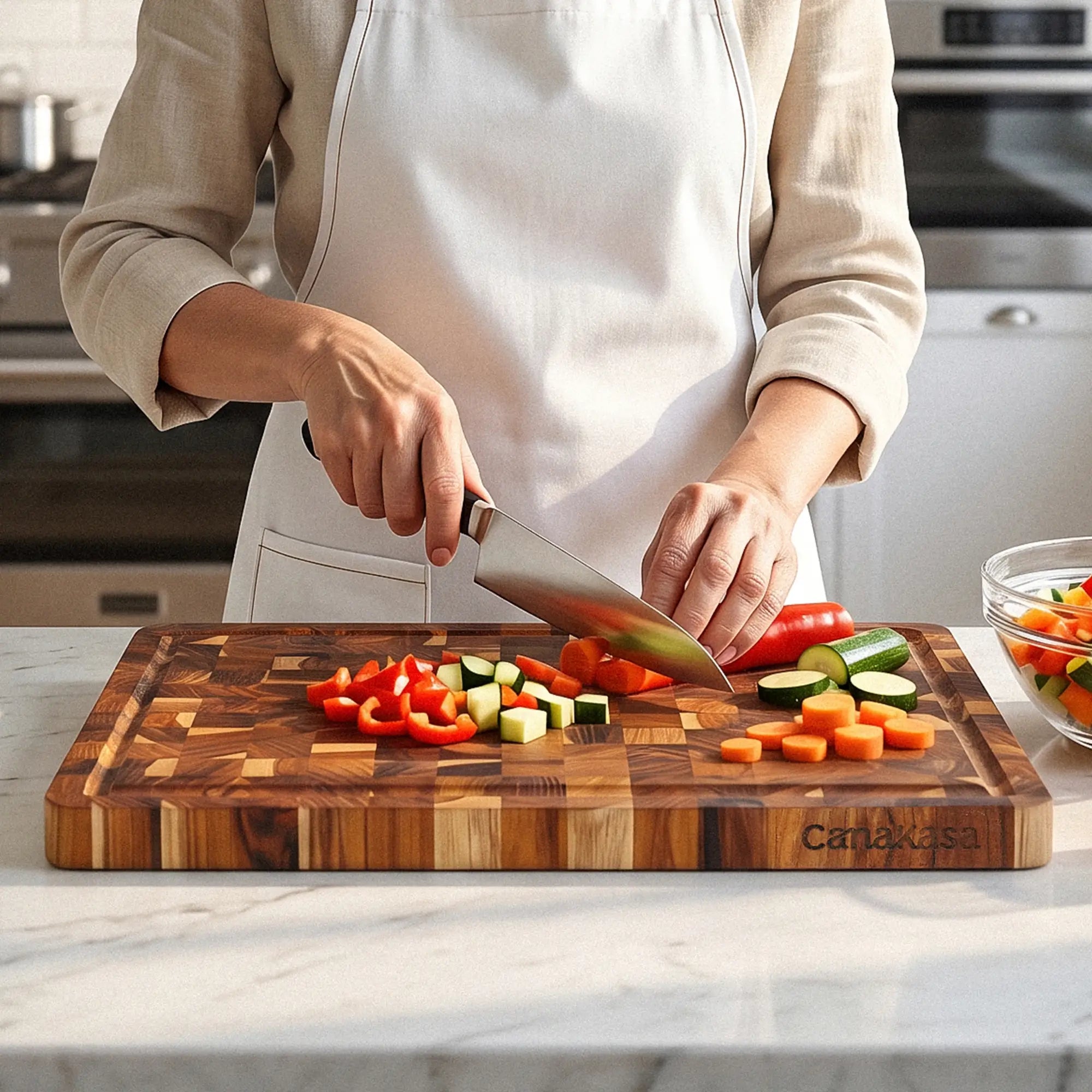 17 x 12 inch end grain teak cutting board with juice groove