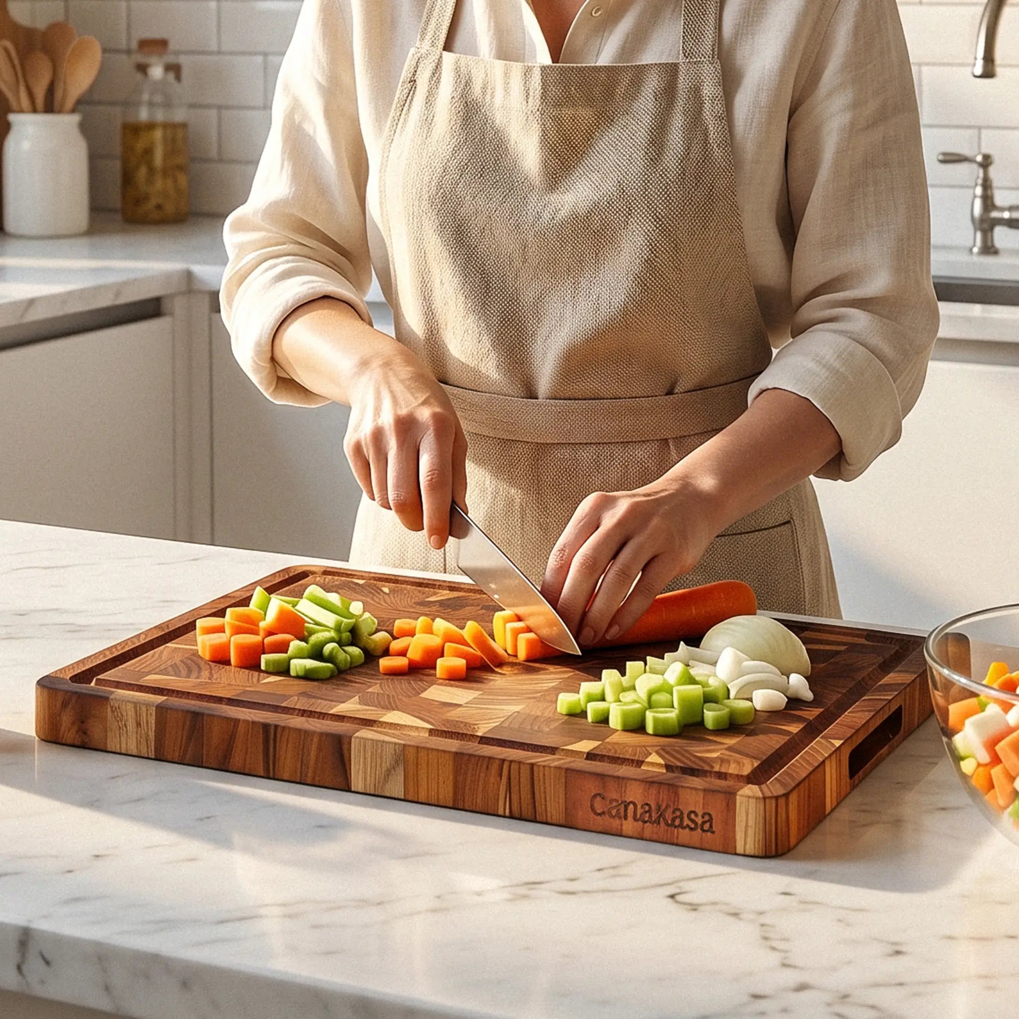 End grain teak chopping board with juice groove and dual handles