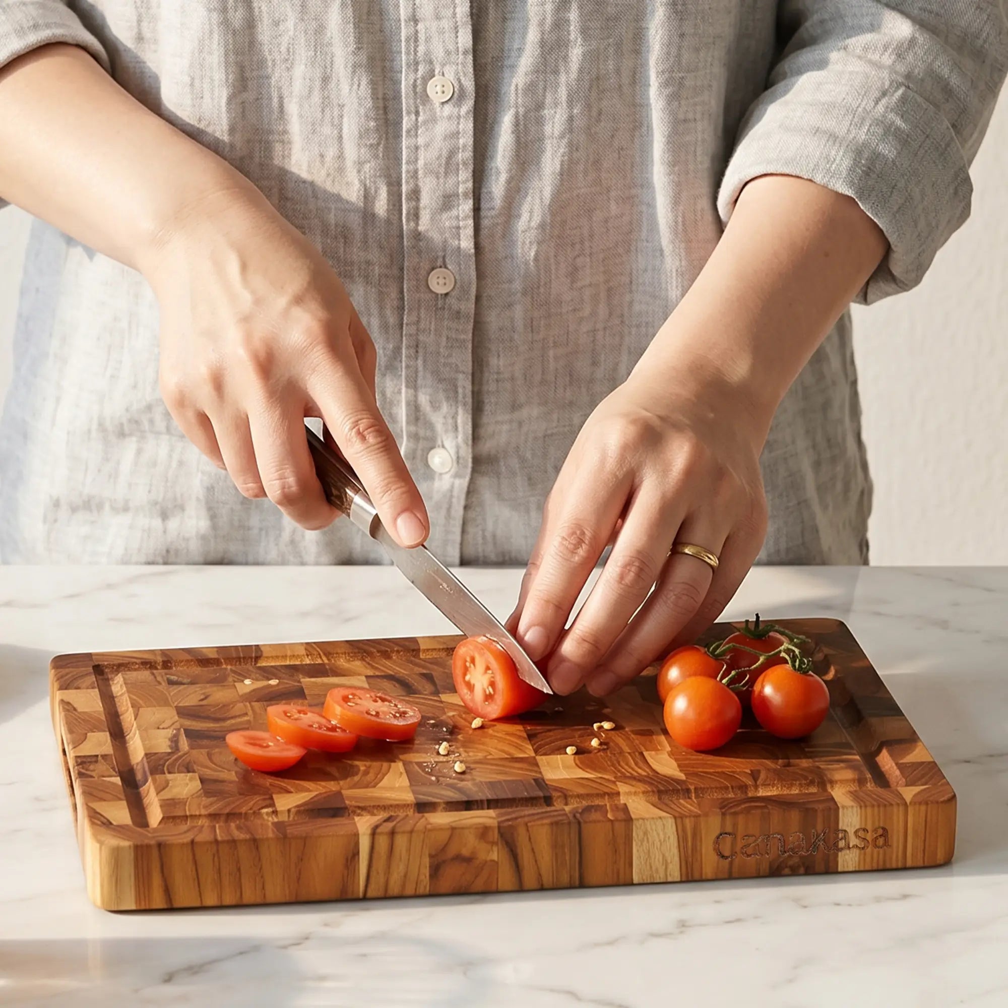Compact 12 x 8 inch end grain teak cutting board