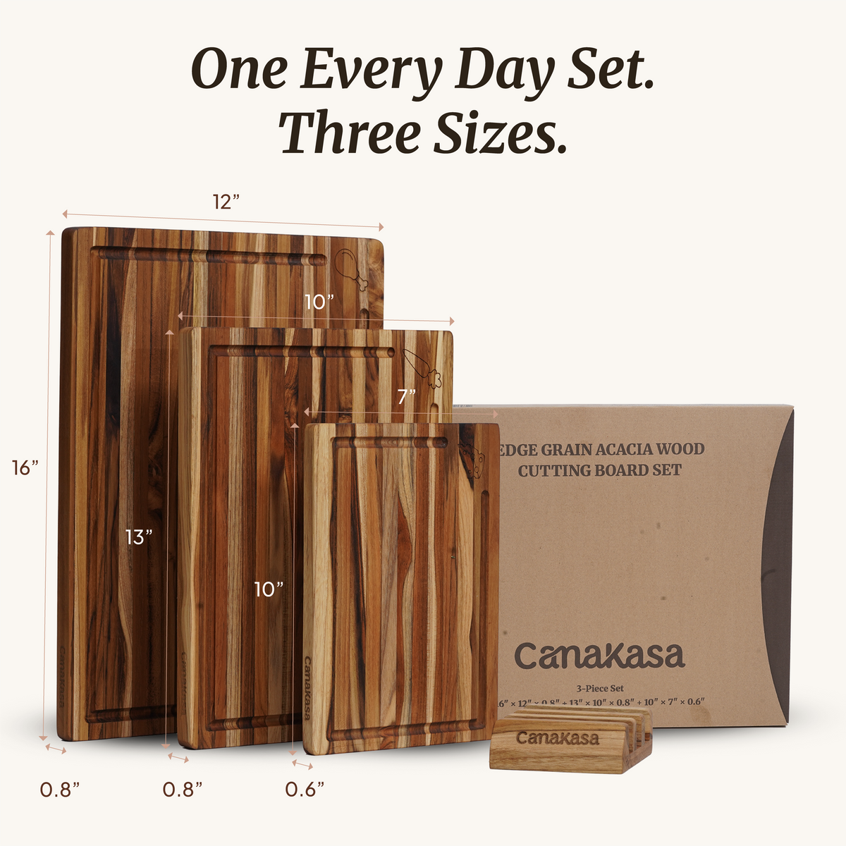 3-Piece Edge Grain Teak Wood Cutting Board Set - 3 Sizes (16 x 12, 13 x 10, 10 x 7 in)