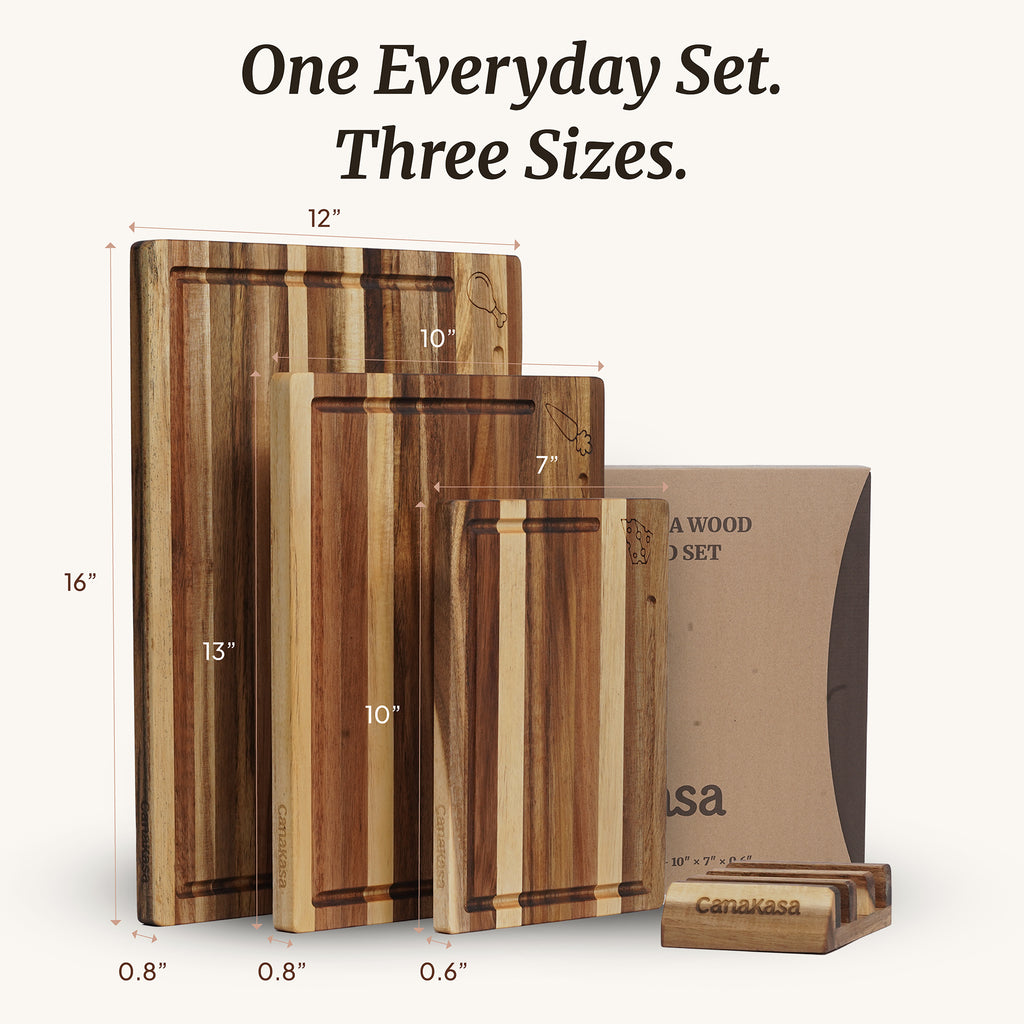 3-Piece Edge Grain Acacia Wood Cutting Board Set – 3 Sizes (16 x 12, 13 x 10, 10 x 7 in)