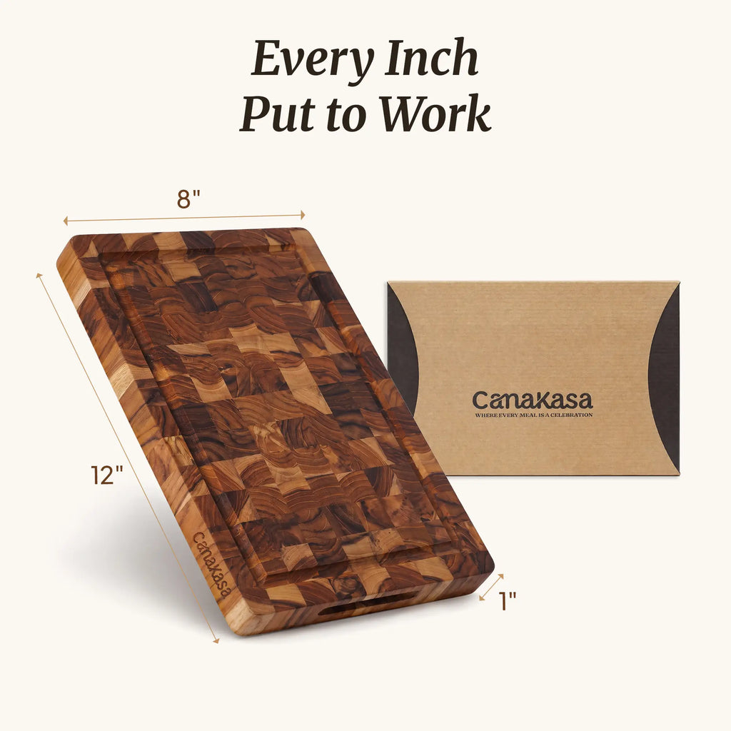 End grain teak chopping board for everyday kitchen preparation