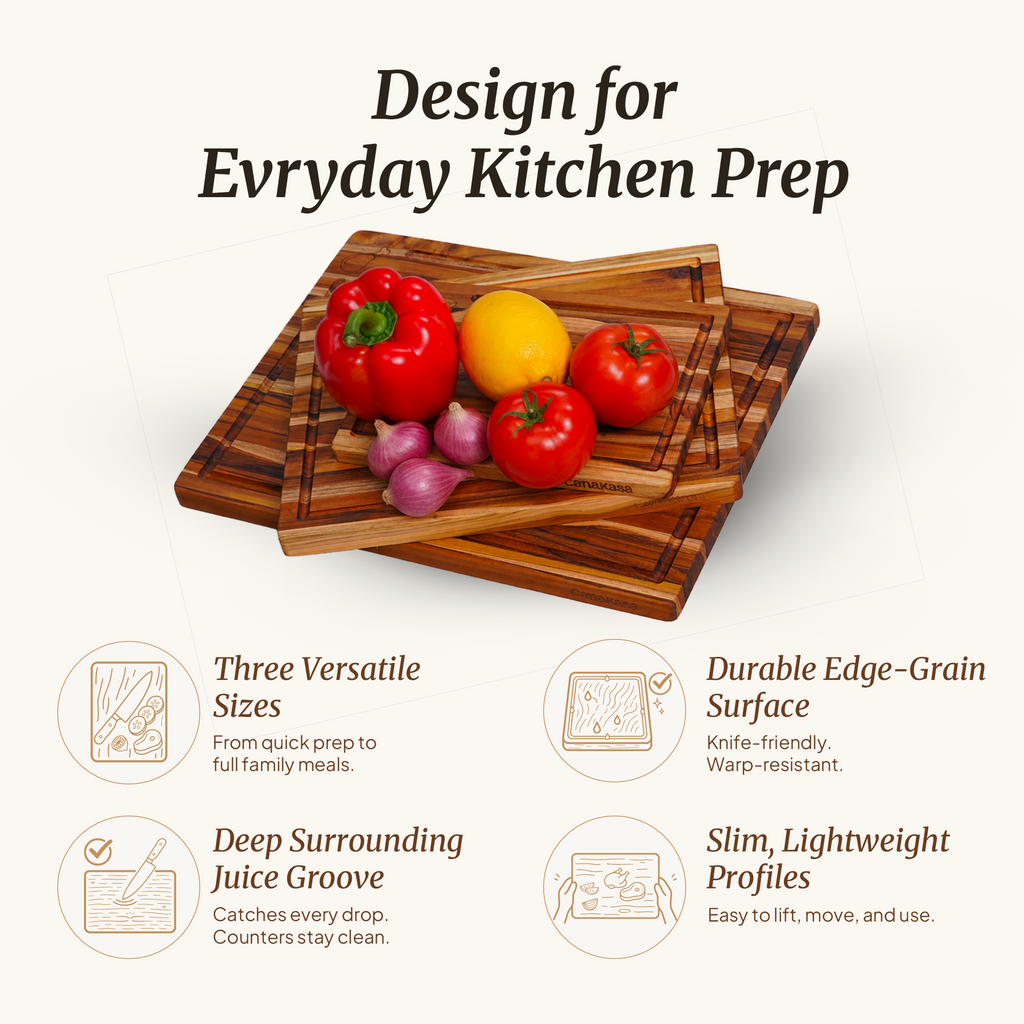 3-Piece Edge Grain Teak Wood Cutting Board Set - 3 Sizes (16 x 12, 13 x 10, 10 x 7 in)