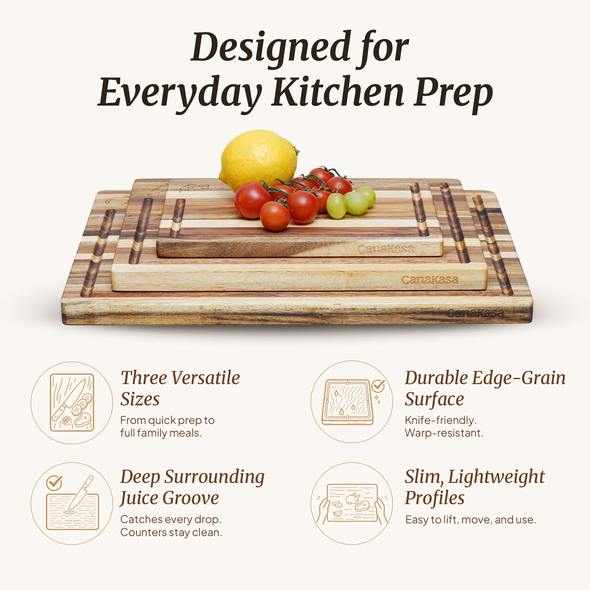 3-Piece Edge Grain Acacia Wood Cutting Board Set – 3 Sizes (16 x 12, 13 x 10, 10 x 7 in)