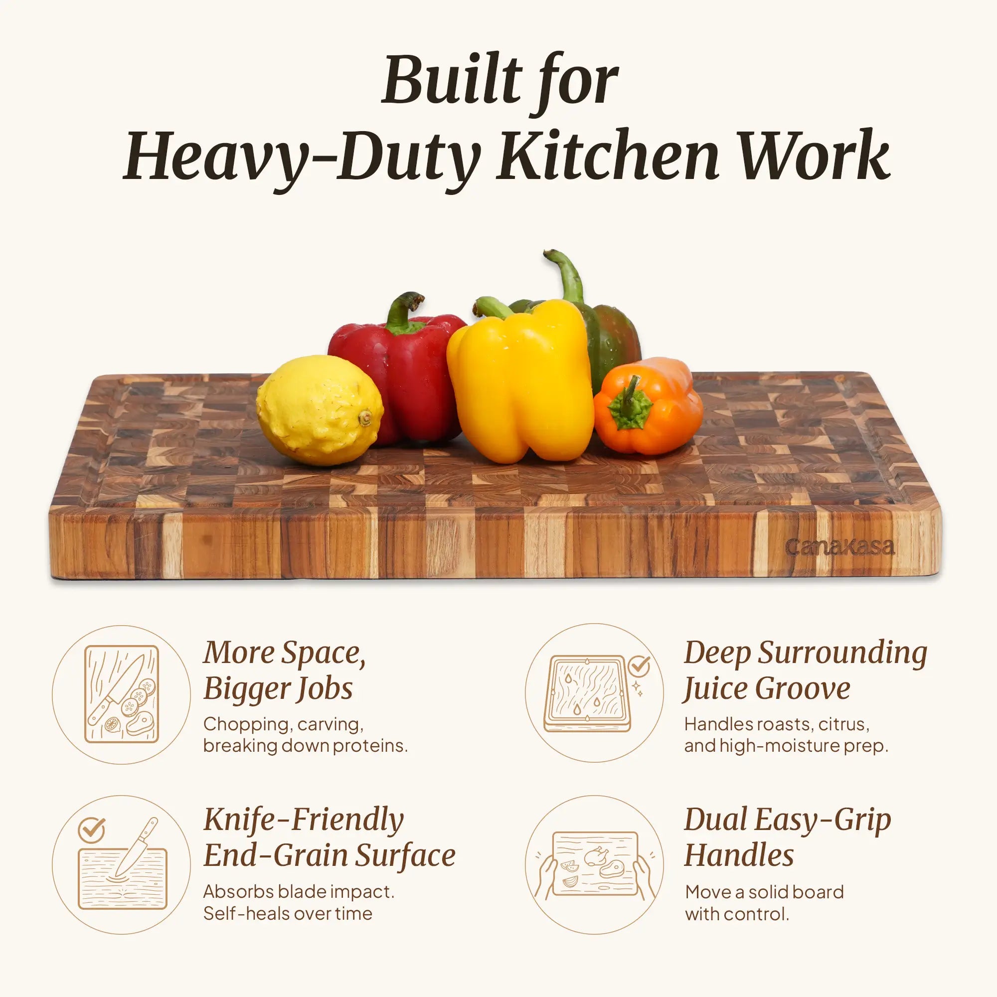 Large end grain teak chopping block for kitchen meal prep