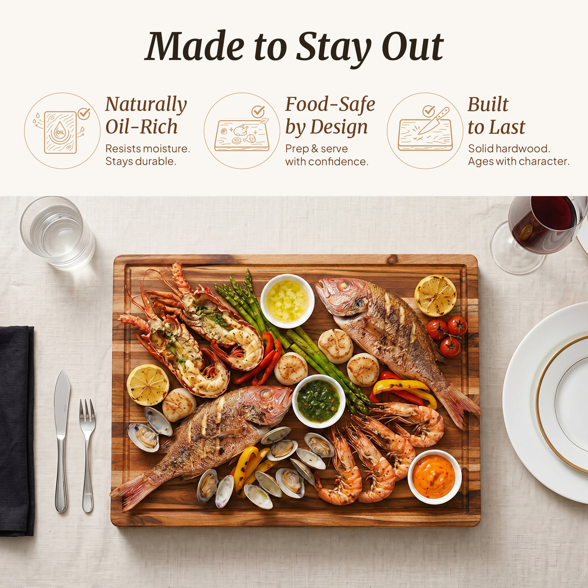 Edge Grain Teak Wood Cutting Board (L - 18 x 14 x 0.6 in)