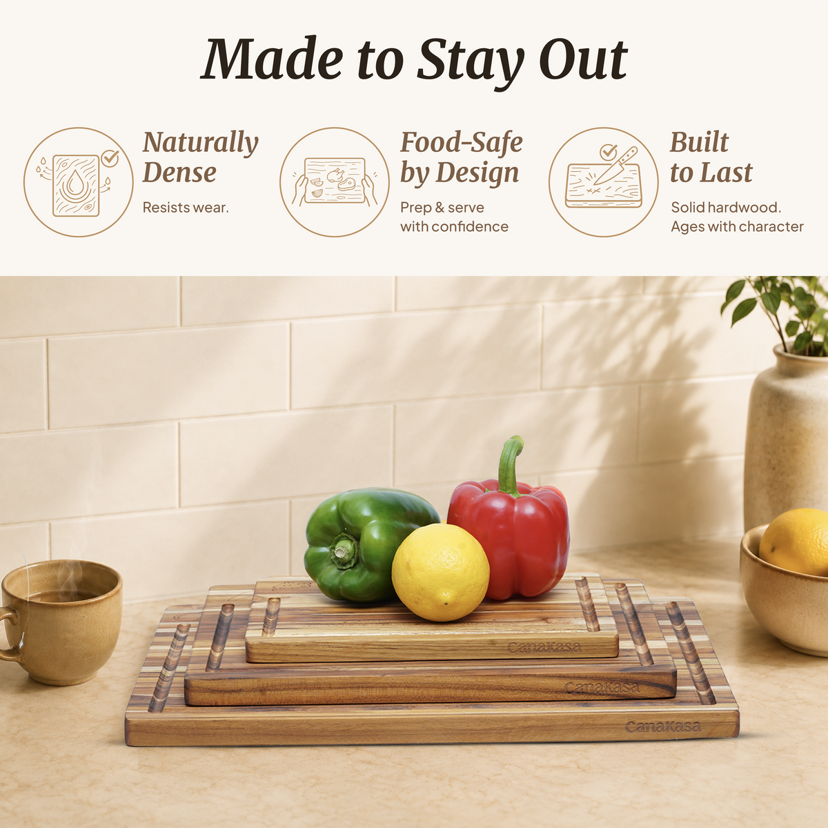 3-Piece Edge Grain Teak Wood Cutting Board Set - 3 Sizes (16 x 12, 13 x 10, 10 x 7 in)