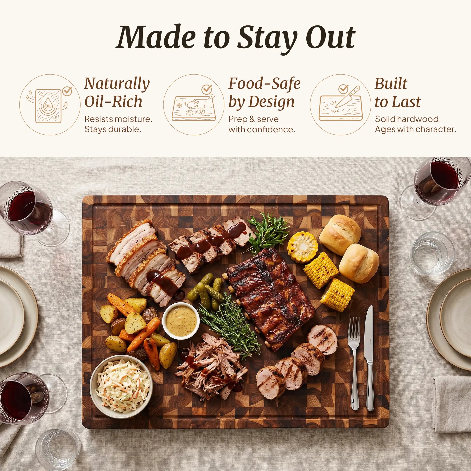 Large teak chopping board for meat vegetables and barbecue preparation