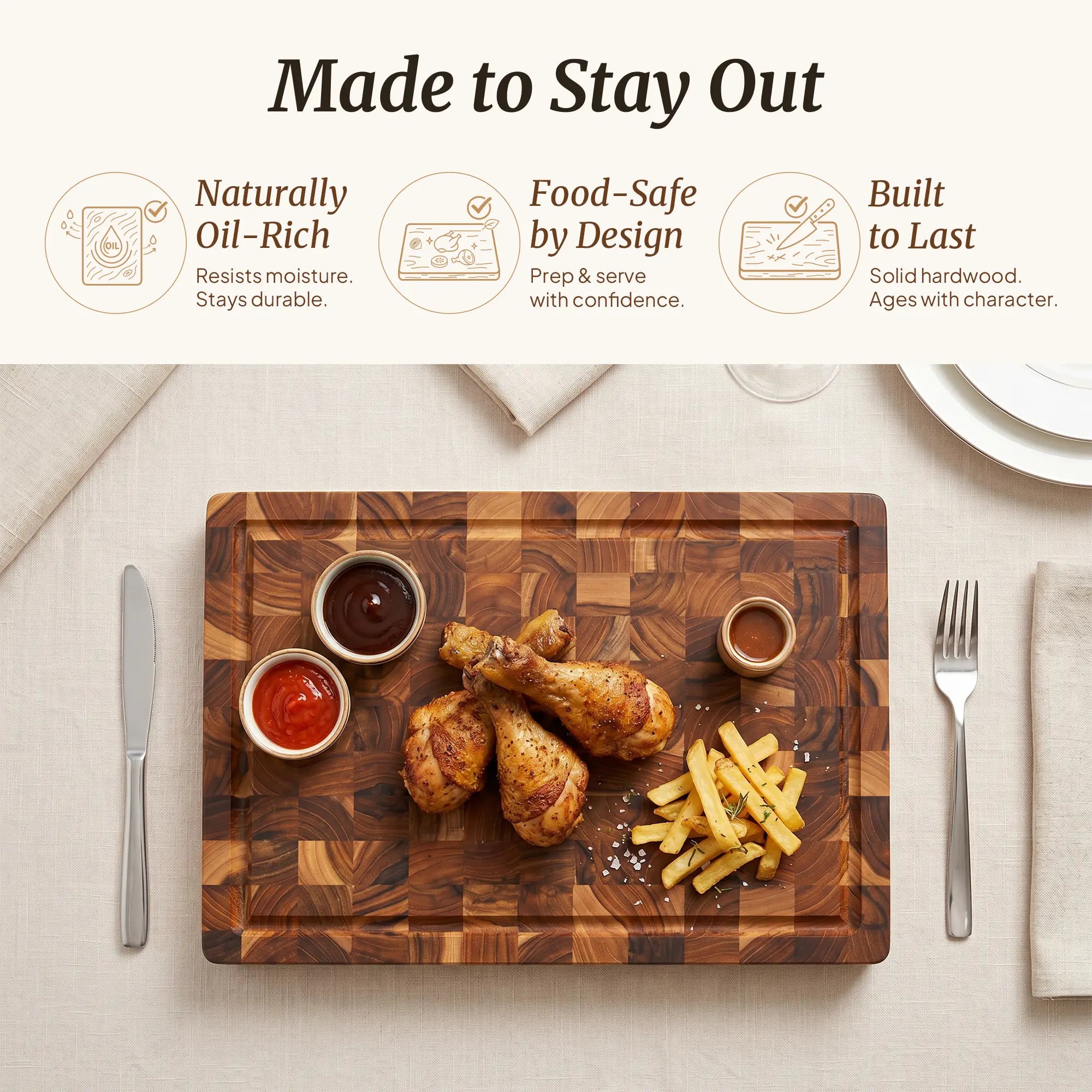 Vietnamese teak wood end grain cutting board for kitchen use