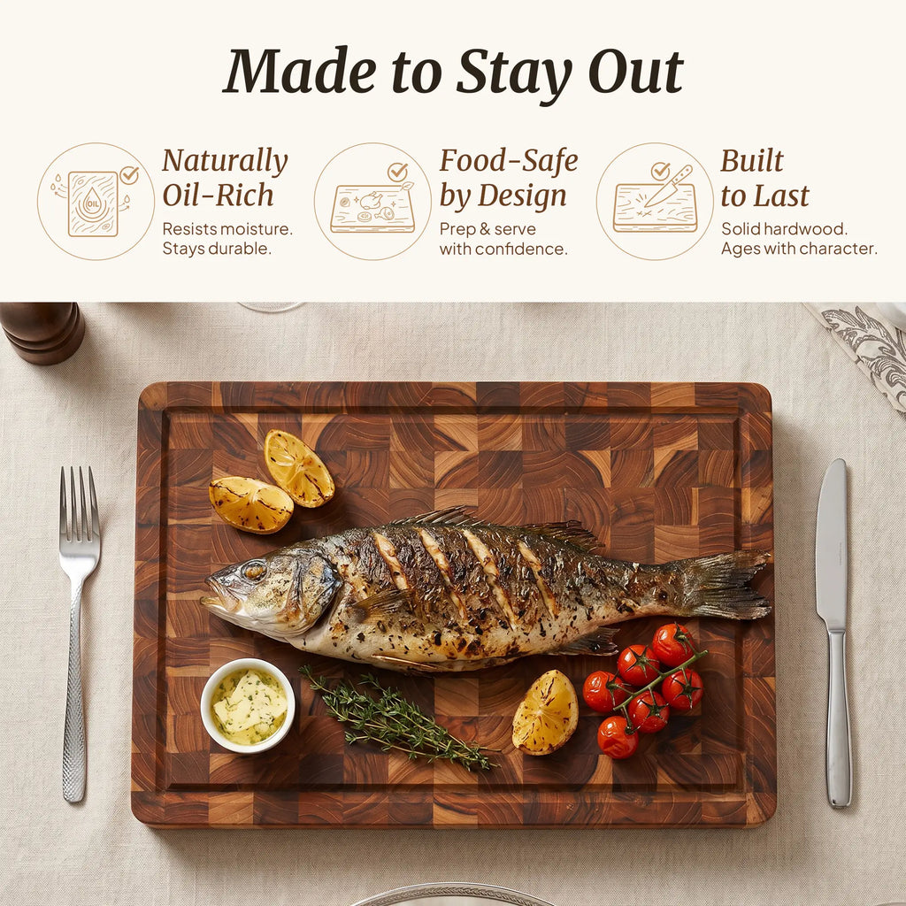 Vietnamese teak wood end grain cutting board for home cooks