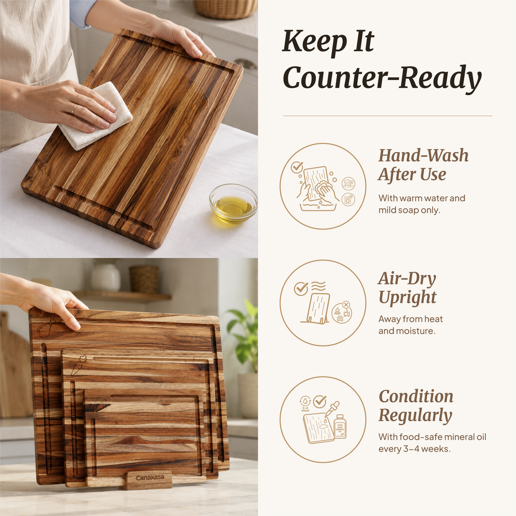 3-Piece Edge Grain Teak Wood Cutting Board Set - 3 Sizes (16 x 12, 13 x 10, 10 x 7 in)