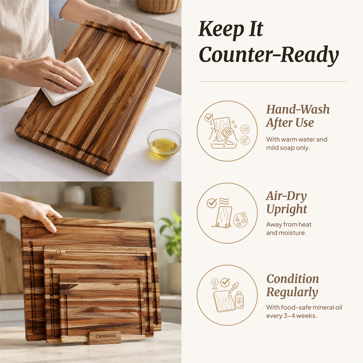 3-Piece Edge Grain Teak Wood Cutting Board Set - 3 Sizes (16 x 12, 13 x 10, 10 x 7 in)
