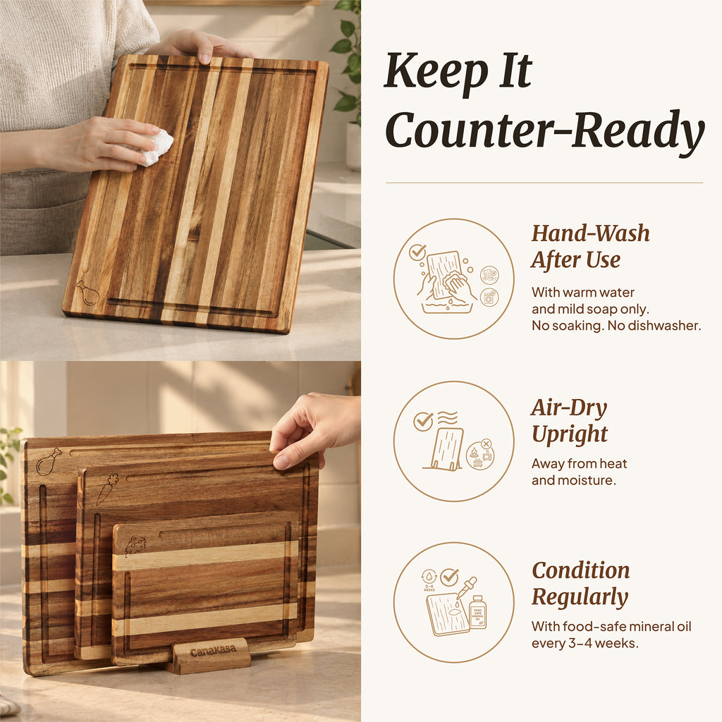 3-Piece Edge Grain Acacia Wood Cutting Board Set – 3 Sizes (16 x 12, 13 x 10, 10 x 7 in)