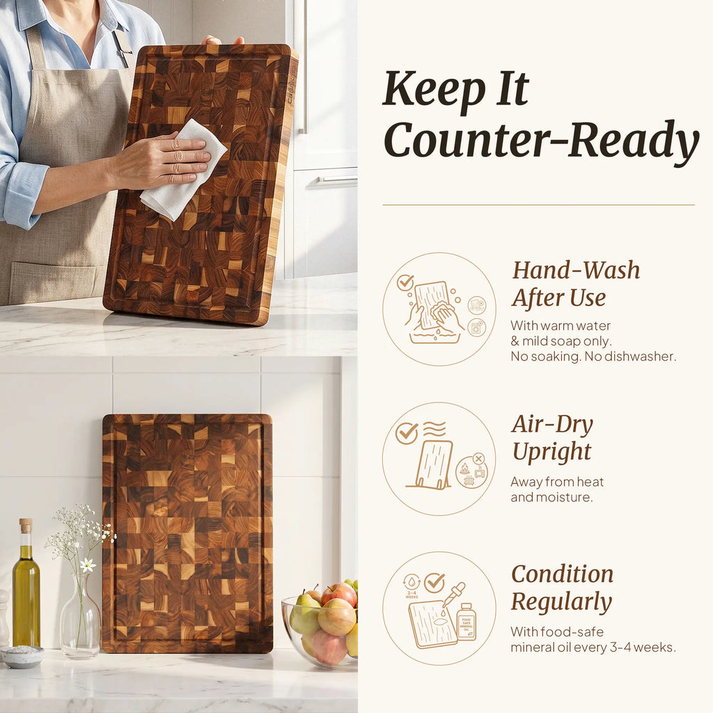 Durable teak butcher-style cutting board with built-in juice groove