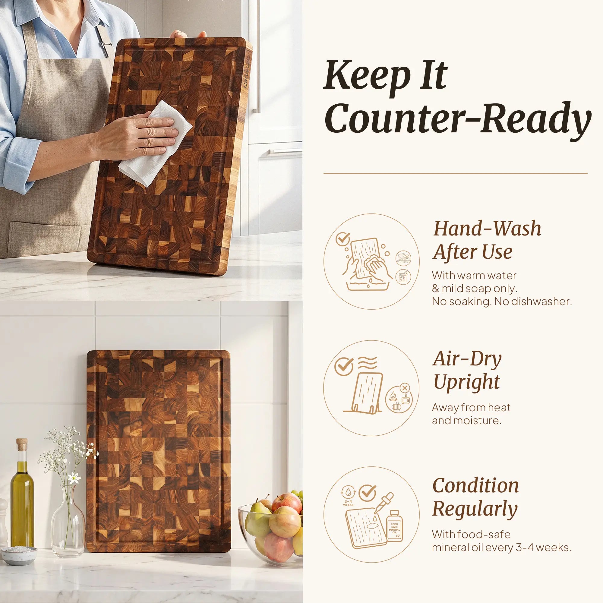 Durable teak butcher-style cutting board with built-in juice groove