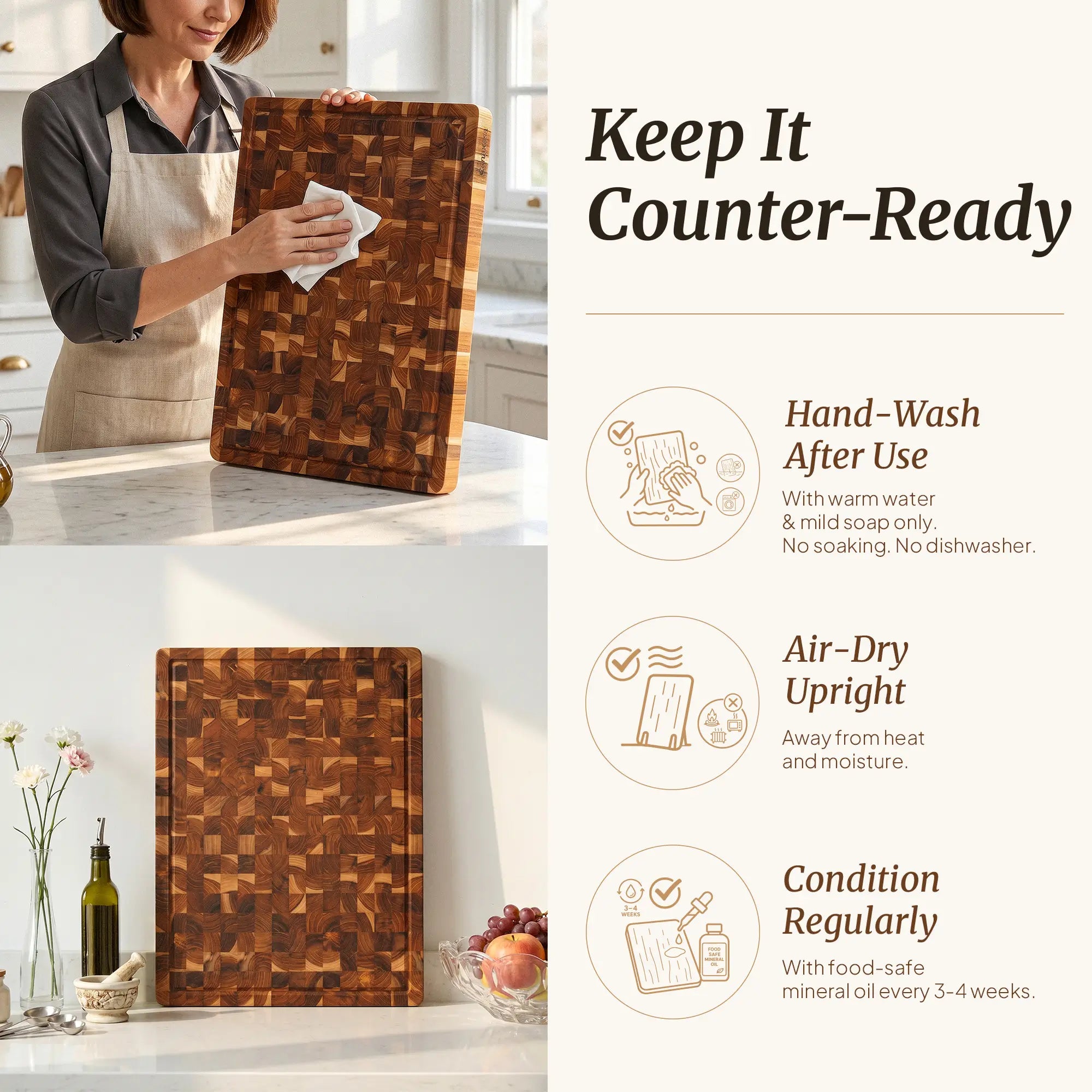 Large end grain wooden cutting board for chopping and food preparation