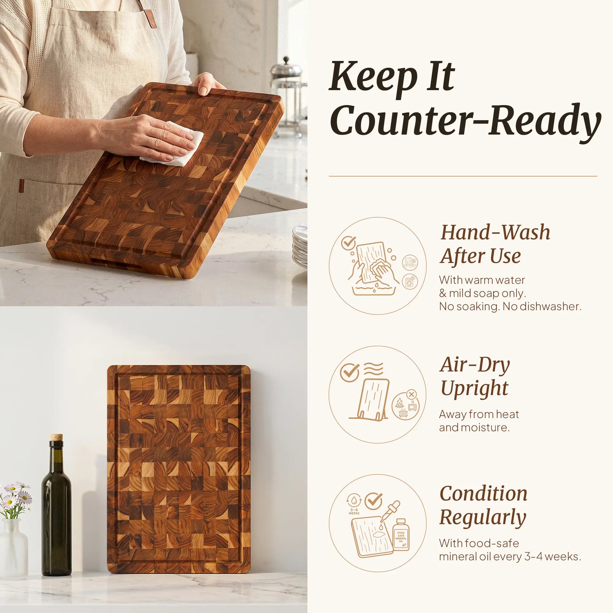 Knife-friendly end grain teak cutting board for kitchen prep